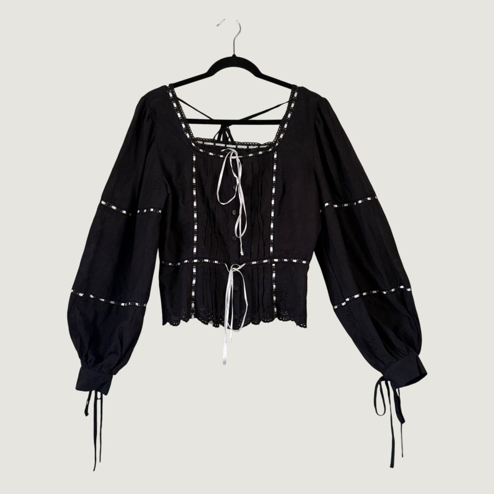FORE Women Black Eyelet Milkmaid Blouse White Ribbon Lace Trim Size L Whimsigoth